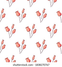 Patrón inexorable de ramas de tulipanes rosados dibujadas a mano sobre fondo blanco. Colección de dibujo de líneas de flores de primavera. Ilustración del vector