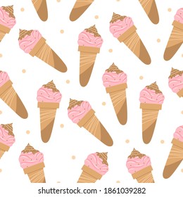 Seamless pattern with hand drawn pink ice cream in a waffle cone on a white background. Doodle, simple illustration in the flat style. It can be used for decoration of textile, paper.