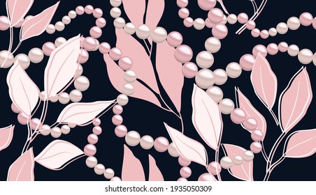 Seamless pattern with hand drawn pink leaves and pearls beads on dark background