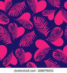  Nahtloses Muster mit handgezeichneten rosa Herzen und Palmblättern. Design für Mode, Gewebe, Textilien, Verpackungspapier, Geschenkpapier und einen Druck auf ein anderes Produkt. Alles Gute zum Valentinstag!
