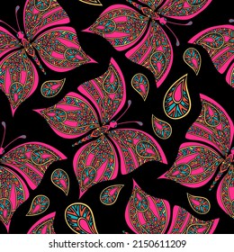 Seamless pattern with hand drawn pink  butterfly in zentangle style on black background. Design for fashion, fabric, textile, packaging paper,  and a print on a different product. 