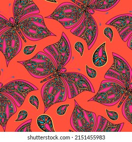 Seamless pattern with hand drawn pink  butterfly in zentangle style on red background. Design for fashion, fabric, textile, packaging paper,  and a print on a different product. 