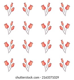 Seamless pattern of hand drawn pink tulips branches on white background. Spring flowers line drawing sketch collection. Vector illustration