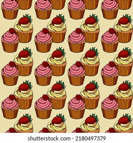 Nahtloses Muster mit handgezeichnet rosa und gelben Cupcakes
