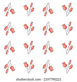 Seamless pattern of hand drawn pink tulips branches on white background. Spring flowers line drawing sketch collection. Vector illustration