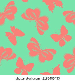 Seamless pattern with hand drawn pink butterflies silhouettes on green background. Design for fabric, fashion, wallpaper, cover.
