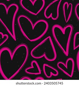 Seamless pattern with hand drawn pink hearts on black background. Romantic trendy print. Valentine's day holiday texture.