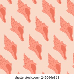 Seamless pattern with hand drawn pink seashell on pink background. Template for print, fabric, greeting card and invitation. Vector illustration