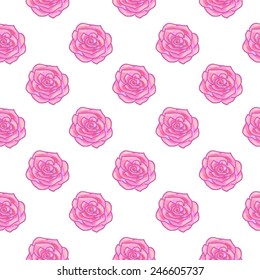 Seamless pattern with hand drawn pink isolated roses on white background. Flower vector romantic illustration, eps10. Floral wallpaper for valentine's day, design card, print, textile, scrapbook.