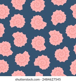 Seamless pattern with hand drawn pink seashell on blue background. Template for print, fabric, greeting card and invitation. Vector illustration