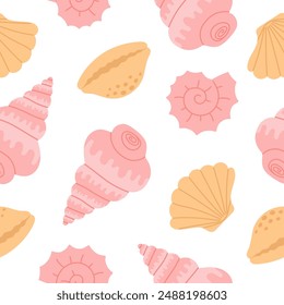Seamless pattern with hand drawn pink and beige seashell on white background. Template for print, fabric, greeting card and invitation. Vector illustration
