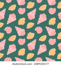 Seamless pattern with hand drawn pink and beige seashell on emerald green background. Template for print, fabric, greeting card and invitation. Vector illustration