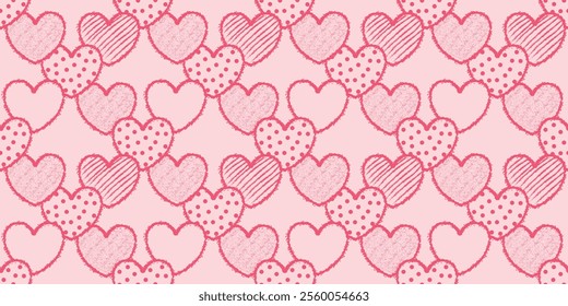 Seamless pattern of hand drawn pink hearts. Festive romantic background for valentine's day, birthday. Vector illustration.