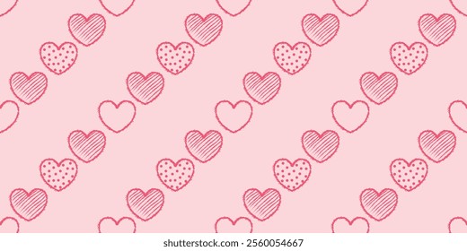 Seamless pattern of hand drawn pink hearts. Festive romantic background for valentine's day, birthday. Vector illustration.