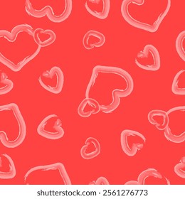 Seamless pattern with hand drawn  pink hearts on red background. Design for fashion, fabric, textile, packaging paper, gift paper. Valentines day concept.