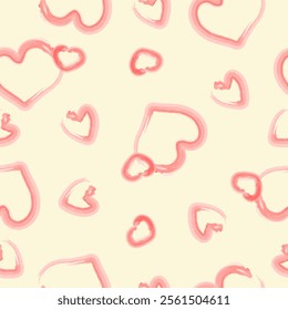 Seamless pattern with hand drawn pink hearts on yellow background. Design for fashion, fabric, textile, packaging paper, gift paper. Valentines day concept.