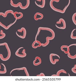 Seamless pattern with hand drawn pink hearts on grey background. Design for fashion, fabric, textile, packaging paper, gift paper. Valentines day concept.