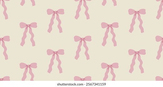 Seamless pattern with hand drawn pink bows. Vector flat illustration of ribbons in vintage style. Holiday bowknots in coquette aesthetic
