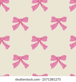 Seamless pattern with hand drawn pink bows. Vector flat illustration of ribbons in vintage style