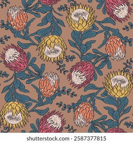 Seamless pattern with hand drawn pink protea flowers on brown background. Tropical floral wallpaper with earthy colors. Line art african blooms texture