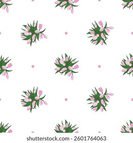 Seamless pattern with hand drawn pink tulips top view and polka dot. Spring, 8 march background