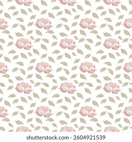 Seamless pattern of hand drawn pink peony on transparent background.