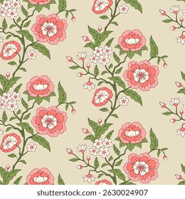 Padrão sem costura com flores de chinoiserie rosa desenhadas à mão e folhas verdes no fundo bege. Papel de parede de repetição floral com ornamento de estilo chinês. Ilustração vetorial