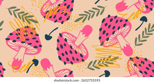 Seamless Pattern with Hand Drawn Pink Mushrooms. Mushrooms Collection. Vector Illustration. Magic Mushroom Symbol, Design Template
