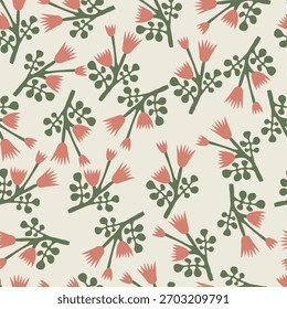 Nahtloses Muster mit handgezeichneten rosa Blumen und grünen Blättern auf pastellfarbenem Hintergrund. Vektor Blumenmuster.