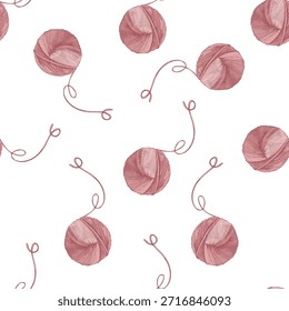 Patrón sin fisuras con bolas de hilo rosa dibujadas a mano e hilo de remolino. Estilo de boceto de tejido de Antiguas. Ideal para textiles, artesanías, papel de embalaje, tela y proyectos de bricolaje.