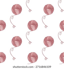 Patrón sin fisuras con bolas de hilo rosa dibujadas a mano e hilo de remolino. Estilo de boceto de tejido de Antiguas. Ideal para textiles, artesanías, papel de embalaje, tela y proyectos de bricolaje.