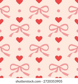 Patrón sin fisuras de lazos rosados dibujados a mano y corazones rojos. Plantilla para la tarjeta de felicitación, invitación, cartel, Anuncio, papel de regalo. Ilustración vectorial
