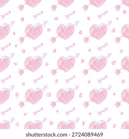 Seamless pattern with hand drawn pink hearts and love arrows. Valentines Day background for gift wrapping or digital paper. Pink hearts drawn with a pen on a white background