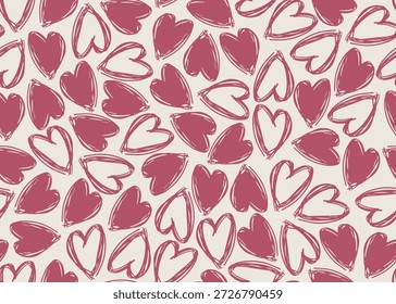 Nahtloses Muster aus handgezeichneten rosa Herz- und Herzkonturen auf warmweißem Hintergrund. Nettes Herz-Banner-Template mit wiederholbarem handgezeichnetem Herzmuster. Romantisches Grunge-Banner. Vektorgrafik.