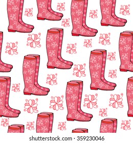 Seamless pattern with hand drawn pink rubber boots decorated with clover. Vector stock illustration. 