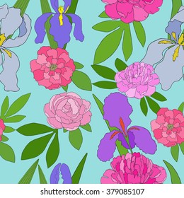 Seamless pattern with hand drawn pink peonies and irises. Limpet Shell background