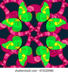 seamless pattern hand drawn pink stripe doodles flowers with green butterflies on dark blue background
