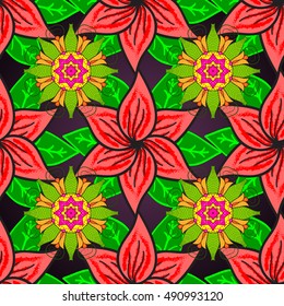 Seamless pattern with hand drawn pink flowers. Vector.