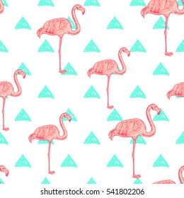 Seamless pattern with hand drawn pink flamingo, vector illustration