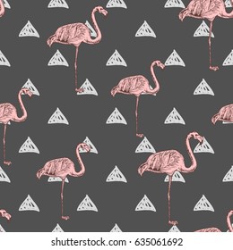 Seamless pattern with hand drawn pink flamingo, vector illustration