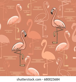 Seamless  pattern of  hand drawn pink flamingo birds on dark rose background. Tropical vector print doodle style.