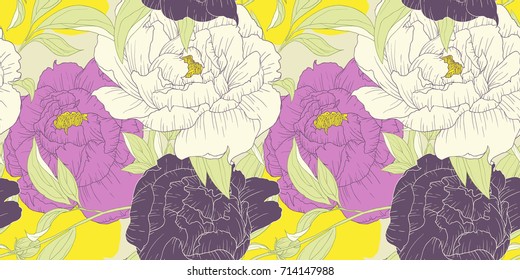 Seamless pattern, hand drawn pink, white and purple Peony flowers on yellow background