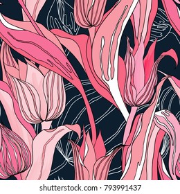 Seamless pattern, hand drawn pink tulip flowers on dark blue background