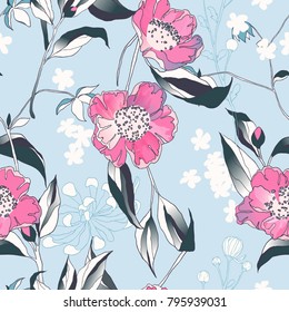 Seamless pattern, hand drawn pink camellia flowers with leaves on blue background Seamless pattern, hand drawn pink camellia flowers with leaves on blue background