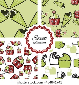 Seamless pattern with hand drawn pistachio ice cream, dessert. Frozen yogurt green background for menu, print, package design, wrapping, textile, web.