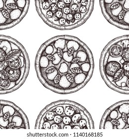 Seamless pattern with hand drawn Pizza sketches. Vector Italian food drawing. Engraving style Fast food background for cafe or pizzeria menu design.
