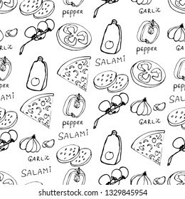 Seamless pattern with hand drawn pizza slices. Vector black and white food background. Monochrome design for fabric, wallpapers, wrapping paper, cards and web. Doodle art. Sketch cooking ingridients