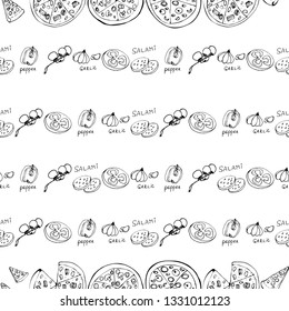 Seamless pattern with hand drawn pizza slices. Vector black and white food background. Monochrome design for fabric, wallpapers, wrapping paper, cards and web. Doodle art. Sketch cooking ingridients