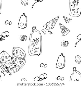 Seamless pattern with hand drawn pizza slices. Vector black and white food background. Monochrome design for fabric, wallpapers, wrapping paper, cards and web. Doodle art. Sketch cooking ingridients