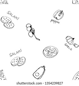 Seamless pattern with hand drawn pizza slices. Vector black and white food background. Monochrome design. Doodle art. Sketch cooking ingridients